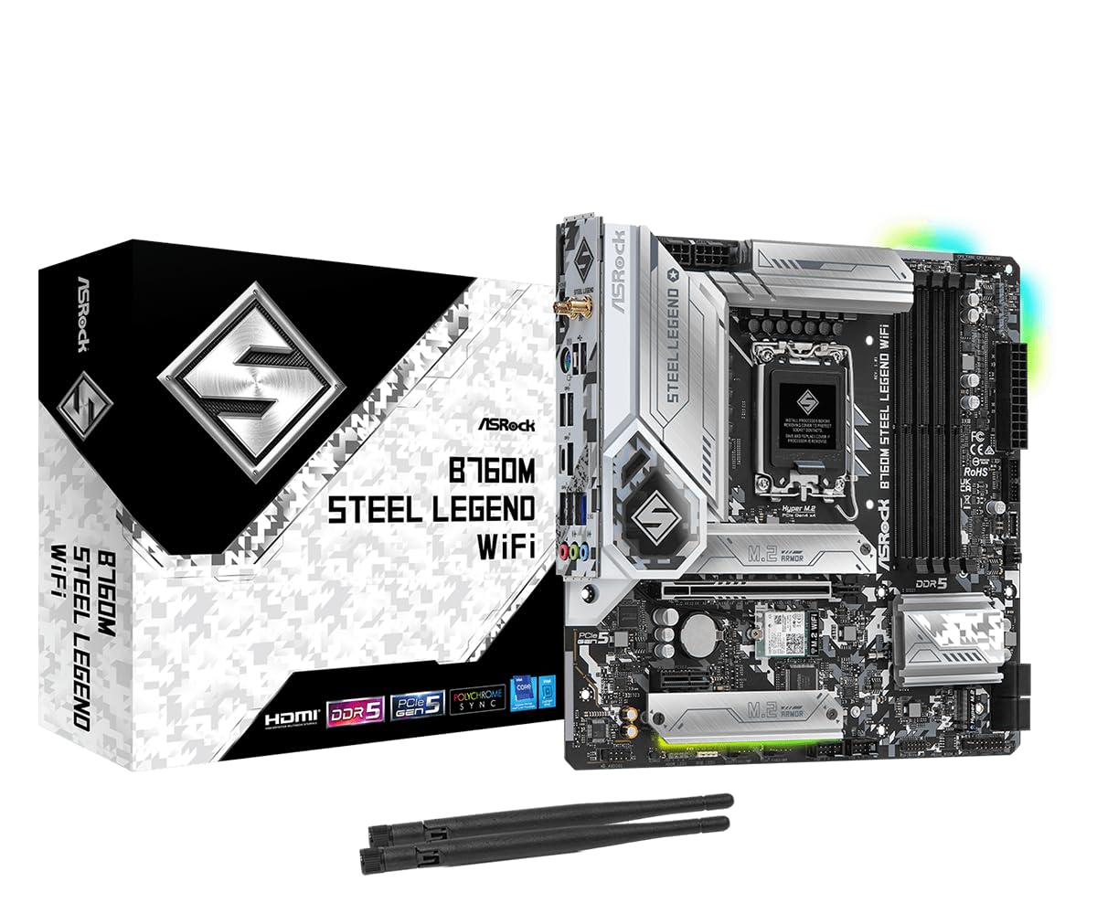 Asrock B760M STEEL LEGEND WIFI, Intel B760, 1700, Micro ATX, 4 DDR5, HDMI, DP, eDP, Wi-Fi 6E, 2.5G LAN, PCIe5, 3x M.2, RGB