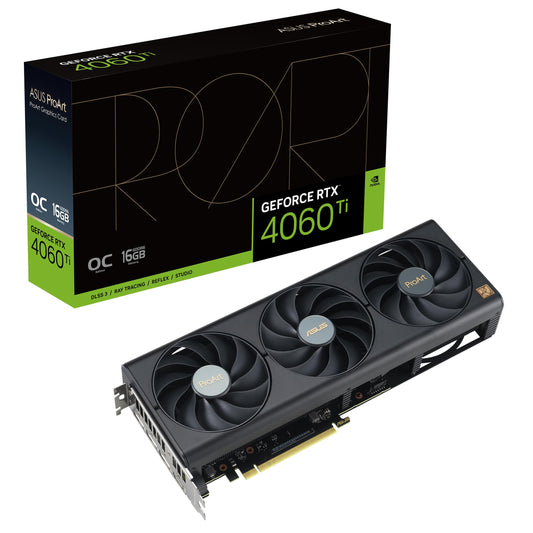 Asus ProArt RTX4060 Ti OC, PCIe4, 16GB DDR6, HDMI, 3 DP, 2685MHz Clock, Compact 2.5 Slot Frame, Overclocked