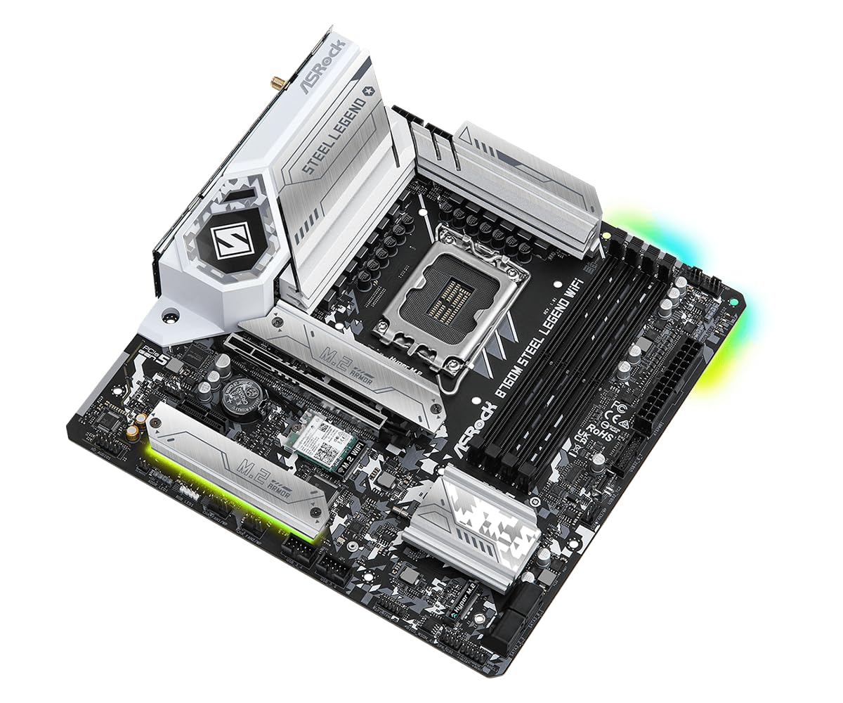 Asrock B760M STEEL LEGEND WIFI, Intel B760, 1700, Micro ATX, 4 DDR5, HDMI, DP, eDP, Wi-Fi 6E, 2.5G LAN, PCIe5, 3x M.2, RGB