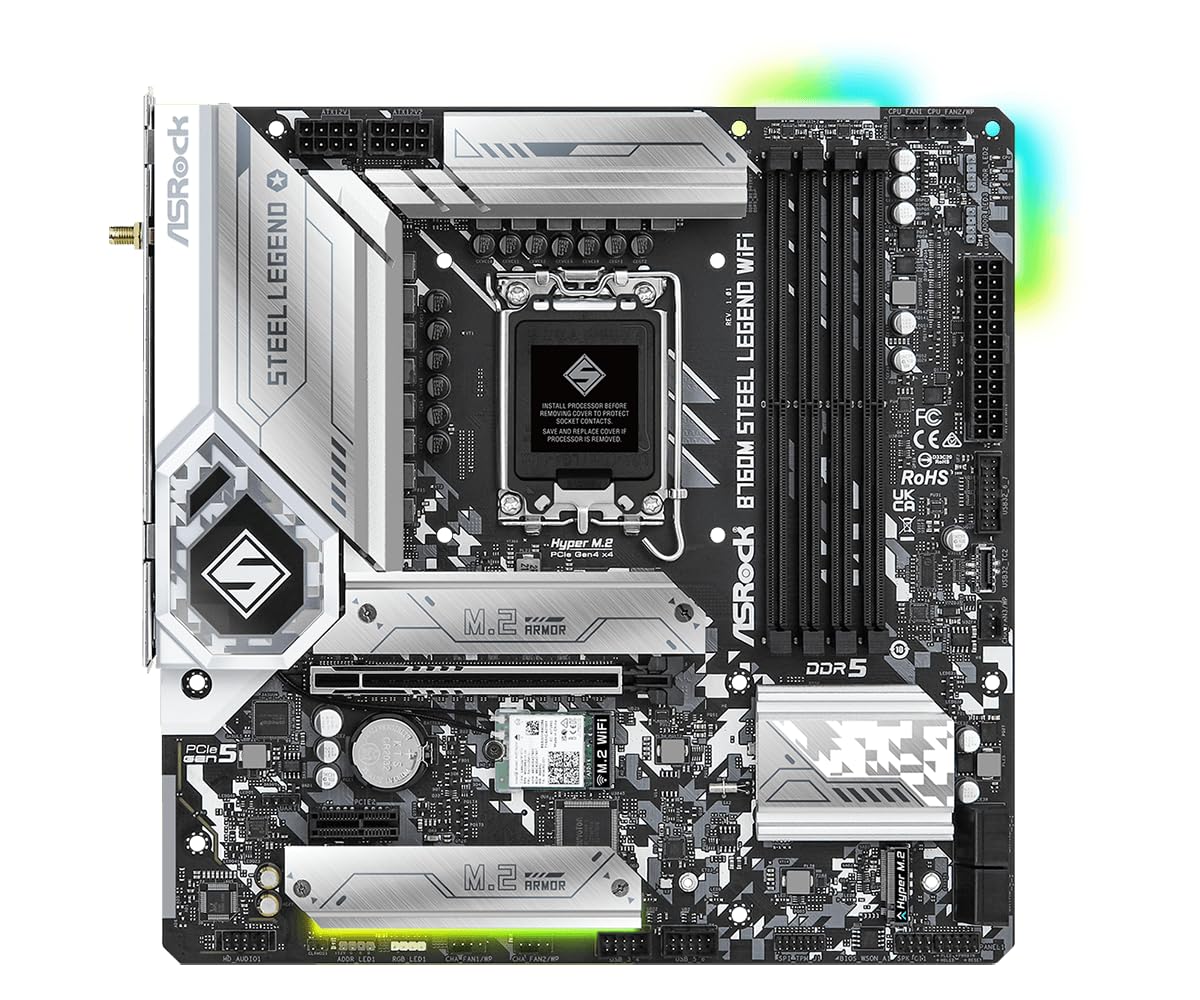 Asrock B760M STEEL LEGEND WIFI, Intel B760, 1700, Micro ATX, 4 DDR5, HDMI, DP, eDP, Wi-Fi 6E, 2.5G LAN, PCIe5, 3x M.2, RGB