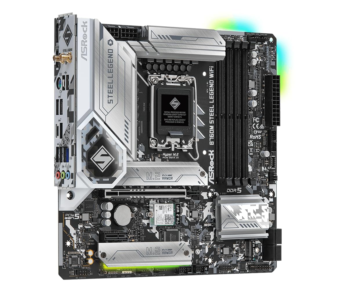 Asrock B760M STEEL LEGEND WIFI, Intel B760, 1700, Micro ATX, 4 DDR5, HDMI, DP, eDP, Wi-Fi 6E, 2.5G LAN, PCIe5, 3x M.2, RGB