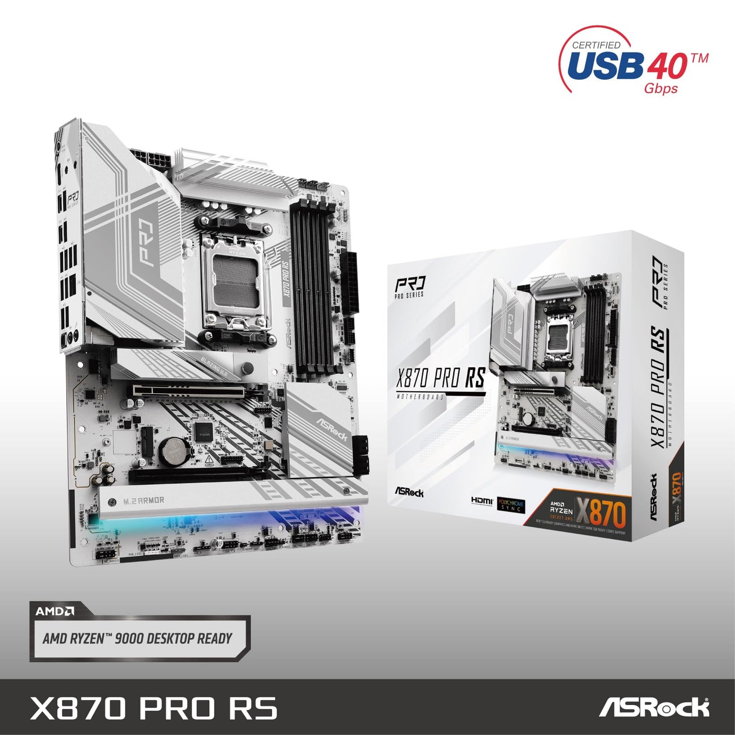 Asrock X870 PRO RS, AMD X870, AM5, ATX, 4 DDR5, HDMI, 2 USB4, 2.5G LAN, RGB, 3x M.2