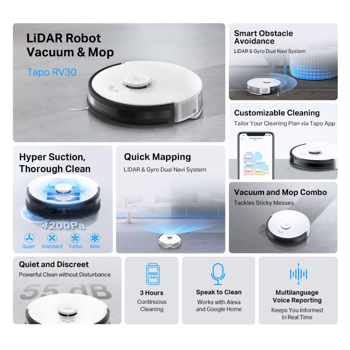 TP-LINK (TAPO RV30) LiDAR Navigation Robot Vacuum & Mop, 4200Pa Hyper Suction, 3-Hour Battery, Auto-Charging, Voice/Remote Control