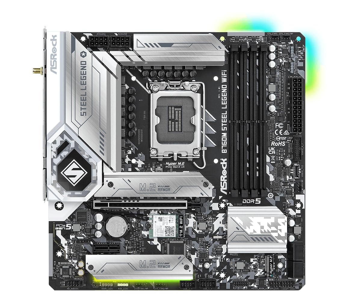 Asrock B760M STEEL LEGEND WIFI, Intel B760, 1700, Micro ATX, 4 DDR5, HDMI, DP, eDP, Wi-Fi 6E, 2.5G LAN, PCIe5, 3x M.2, RGB