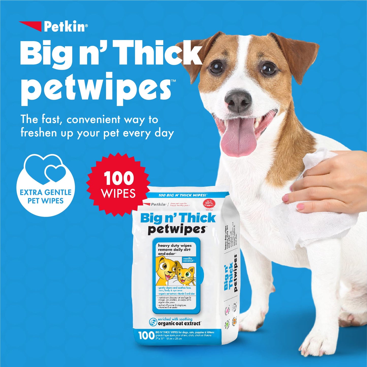 Petkin Petwipes – Big 'n Thick Extra Large Pet Wipes for Dogs and Cats – Cleans Face, Ears, Body and Eye Area – Super Convenient, Ideal for Home or Travel