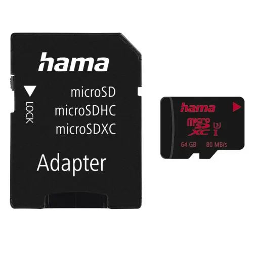 CSH Online Shop Hama 64GB MicroSDXC Card with SD Adapter, UHS-I Class 3, 80MB/s HAMA