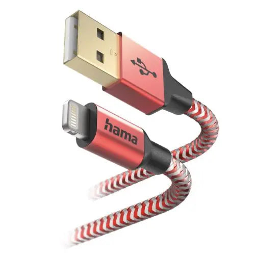 CSH Online Shop Hama Reflective Charging USB-A to Lightning Cable, 480Mbps, Nylon Sheath, Gold-Plated, 1.5 Metre, Red HAMA