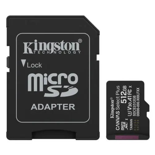CSH Online Shop Kingston 512GB Canvas Select Plus Gen3 MicroSDXC Card with SD Adapter, UHS-I Class 10, U3, V30, A1 App Performance, 150MB/s KINGSTON