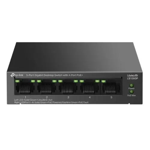 CSH Online Shop TP-LINK (LS105GP) 5-Port Gigabit Desktop LiteWave Switch with 4-Port PoE+, Metal Casing TP-LINK